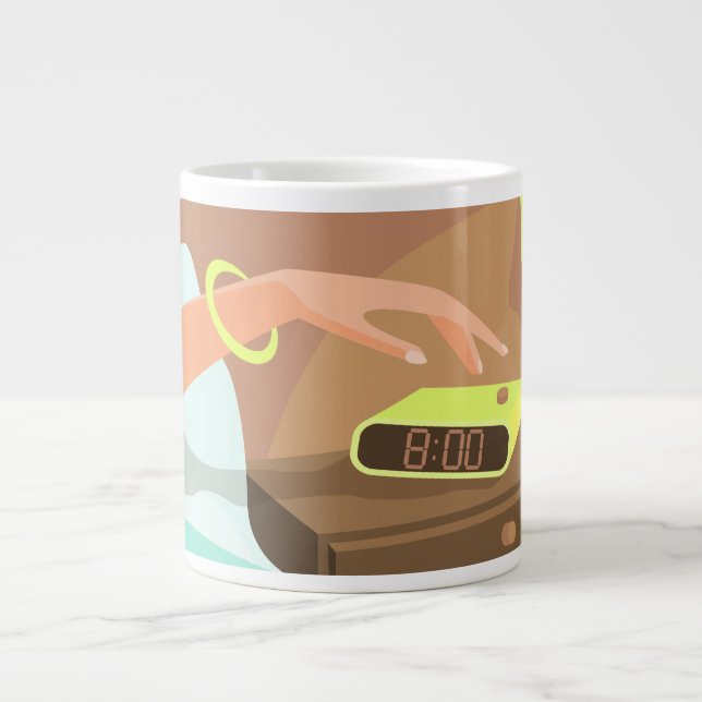 Girls hand pushing on alarm clock snooze button large coffee mug (Front)