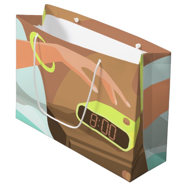 Girls hand pushing on alarm clock snooze button large gift bag (Front Angled)