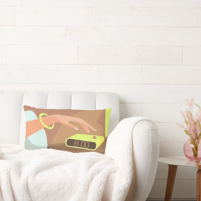 Girls hand pushing on alarm clock snooze button lumbar cushion (Couch)