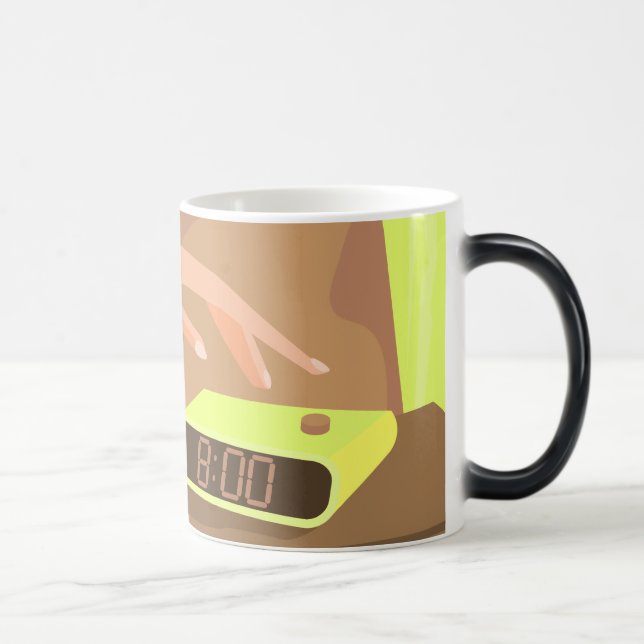 Girls hand pushing on alarm clock snooze button magic mug (Right)