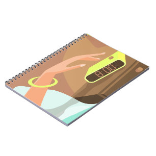 Girls hand pushing on alarm clock snooze button notebook