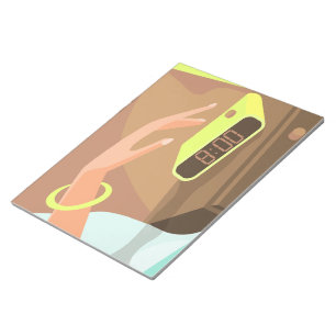 Girls hand pushing on alarm clock snooze button notepad