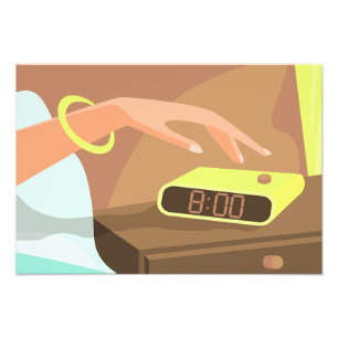 Girls hand pushing on alarm clock snooze button photo print