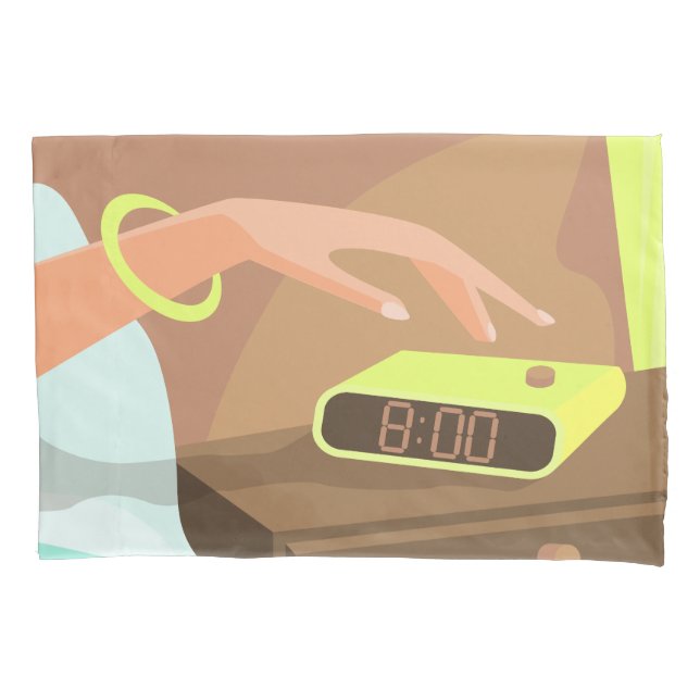 Girls hand pushing on alarm clock snooze button pillowcase (Front)