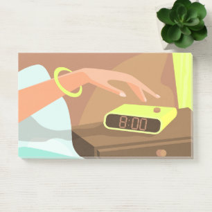 Girls hand pushing on alarm clock snooze button post-it notes