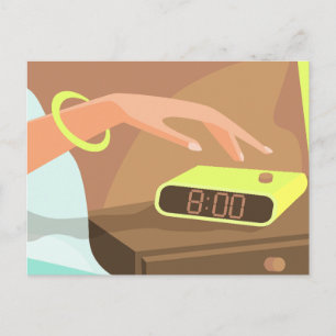 Girls hand pushing on alarm clock snooze button postcard
