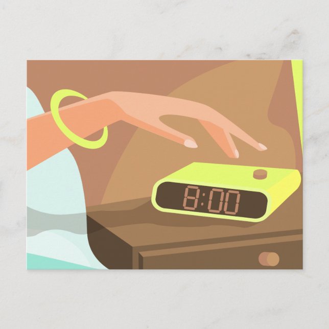 Girls hand pushing on alarm clock snooze button postcard (Front)