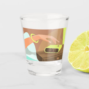 Girls hand pushing on alarm clock snooze button shot glass
