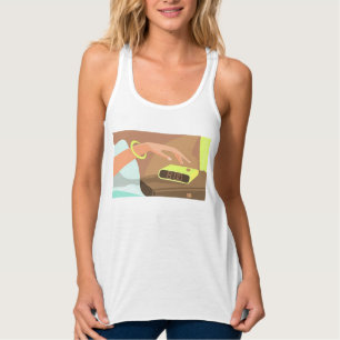 Girls hand pushing on alarm clock snooze button singlet