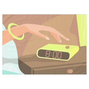 Girls hand pushing on alarm clock snooze button tablecloth