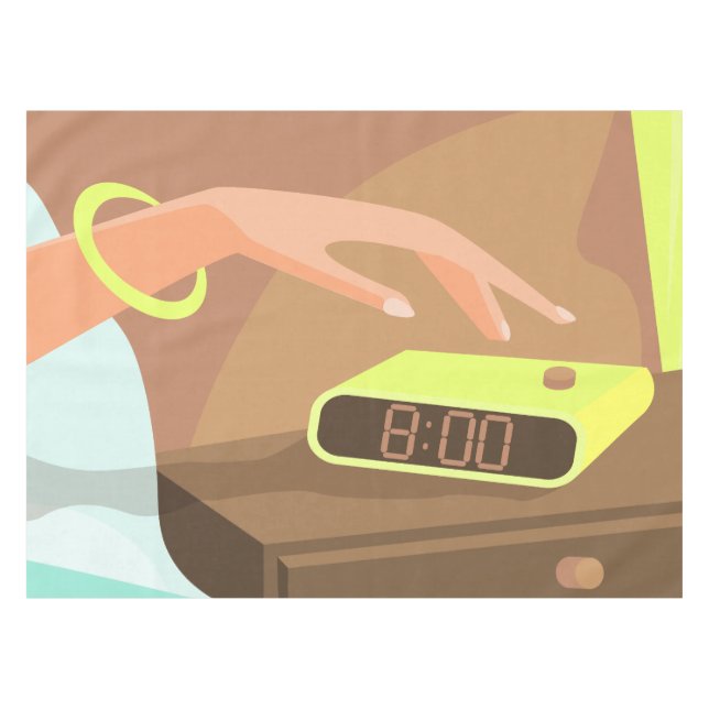 Girls hand pushing on alarm clock snooze button tablecloth (Front (Horizontal))
