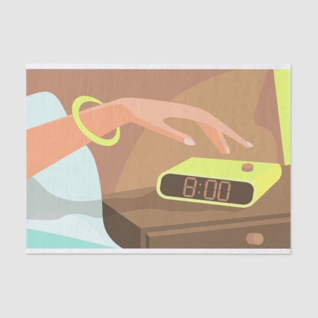 Girls hand pushing on alarm clock snooze button tissue paper (Front)