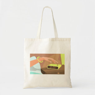Girls hand pushing on alarm clock snooze button tote bag