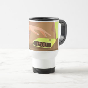 Girls hand pushing on alarm clock snooze button travel mug