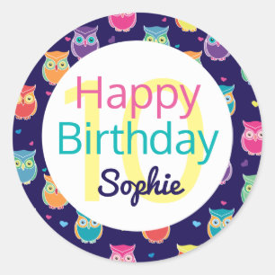Girls Happy Birthday Blue Owl Pattern Personalised Classic Round Sticker