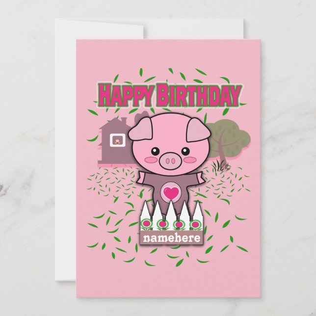 Girls Happy Birthday Cute Pig Personalise Name Holiday Card (Front)