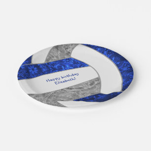 girl's happy birthday party blue grey volleyball paper plate