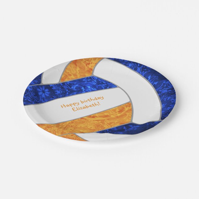 girl's happy birthday party blue orange volleyball paper plate (Angled)