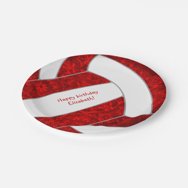 girl's happy birthday party red white volleyball paper plate (Angled)
