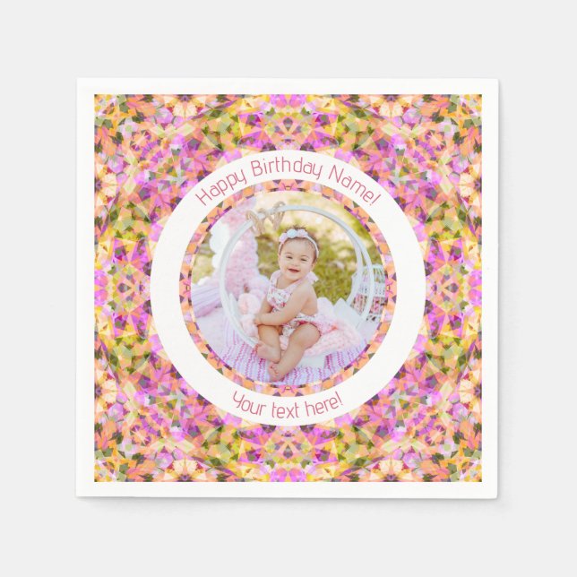 Girls Happy Birthday Summer Pink Star Custom Age Napkin (Front)