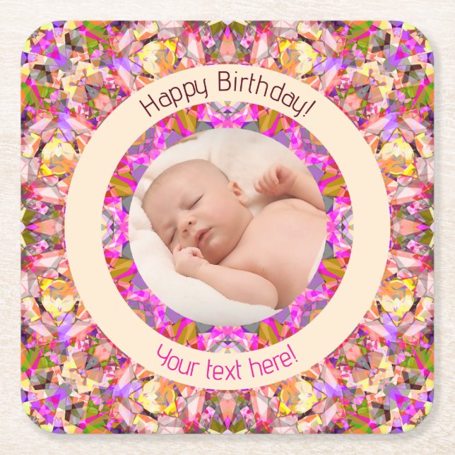 Girls Happy Birthday Summer Pink Star Custom Age Square Paper Coaster (Front)