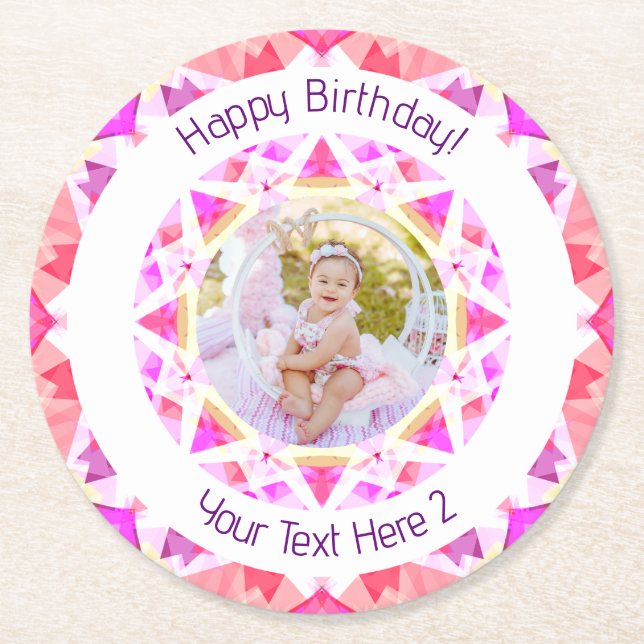 Girls Happy Birthday Vibrant Pink Star Custom Age Round Paper Coaster (Front)