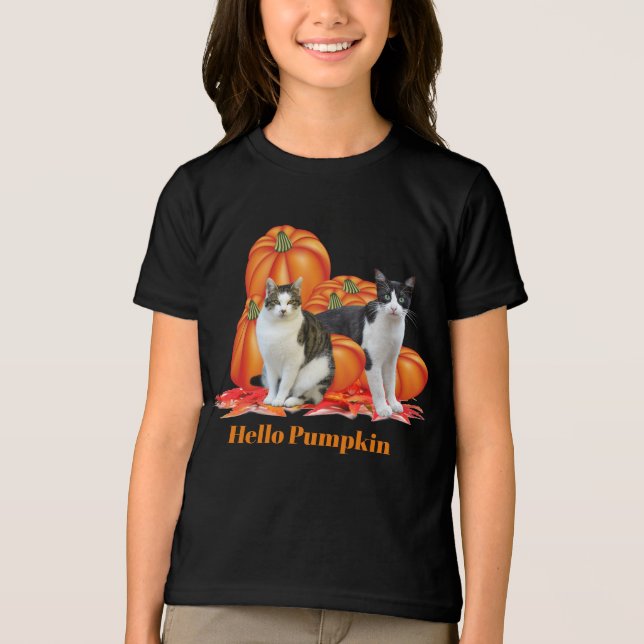 Girls Hello Pumpkin Fall Style with Cats Grey Tri-Blend Shirt (Front)