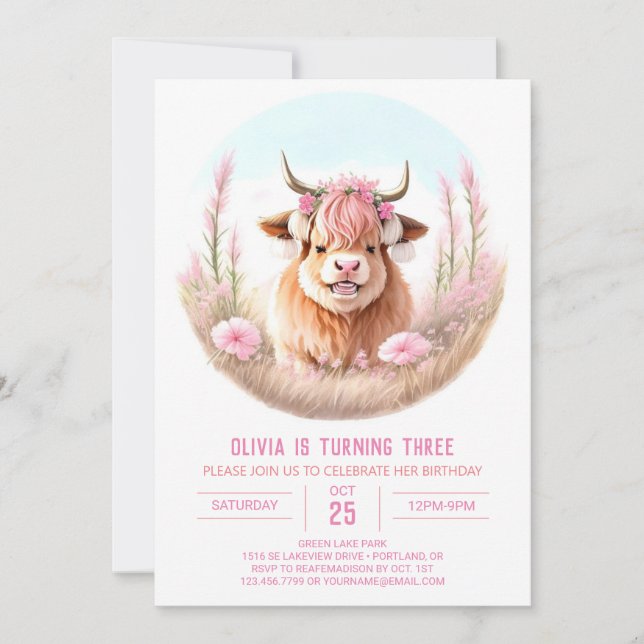 Girl's Highland Cow Blissful Birthday Invitation (Front)