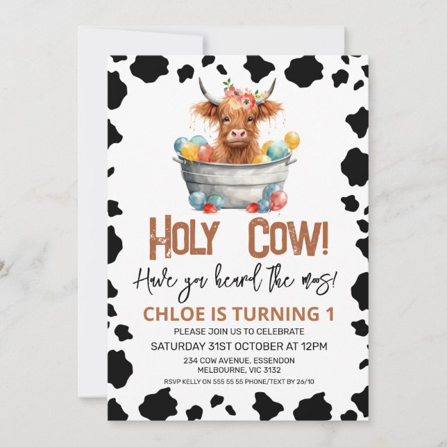 Girls Highland Cow Bucket Cow Print 1st Birthday Invitation (Front)