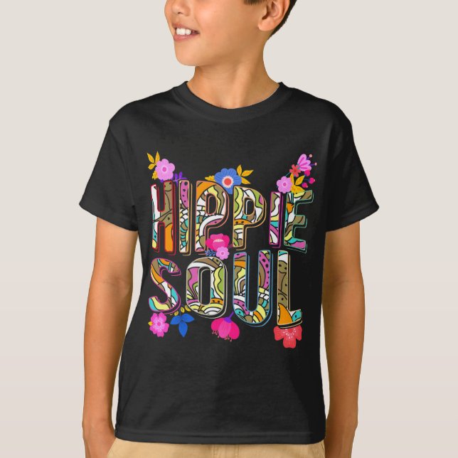 Girls Hippie 60s 70s Colorful Flowers Peace T-Shirt (Front)
