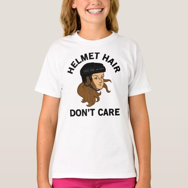 Girls Hockey Helmet Hair Don't Care Brunette T-Shirt (Front)