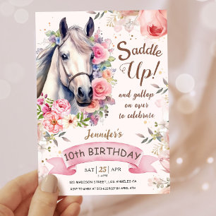 Girls Horse 10th Birthday Bloom Flowers Saddle Up! Invitation