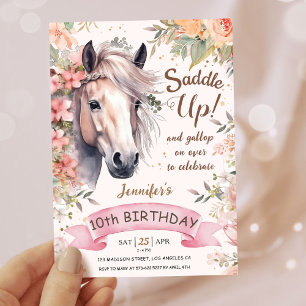 Girls Horse 10th Birthday Floral Wild Saddle Up Invitation