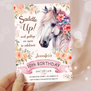 Girls Horse 10th Birthday Pink Flowers Saddle Up!  Invitation