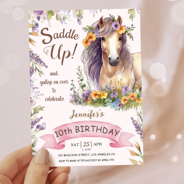 Girls Horse 10th Birthday Purple Floral Saddle Up Invitation (Creator Uploaded)