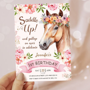 Girls Horse 1st Birthday Floral Saddle Up! Invitation