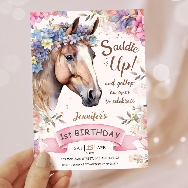 Girls Horse 1st Birthday Floral Saddle Up!  Invitation (Creator Uploaded)