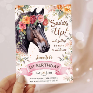 Girls Horse 1st Birthday Pink Cowgirl Saddle Up Invitation
