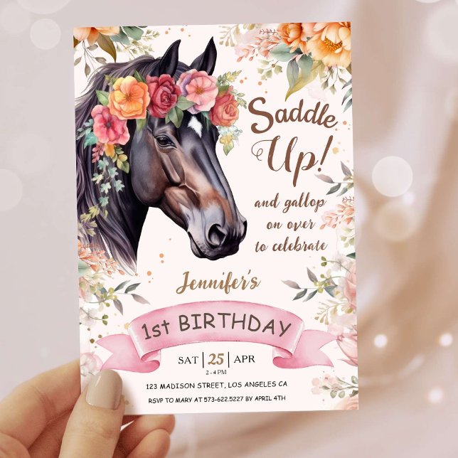 Girls Horse 1st Birthday  Pink Cowgirl Saddle Up Invitation (Creator Uploaded)