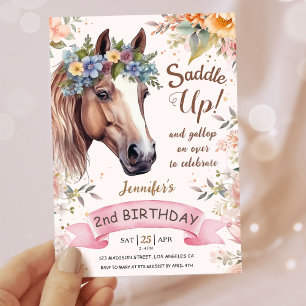 Girls Horse 2nd Birthday Pink Floral Saddle Up Invitation