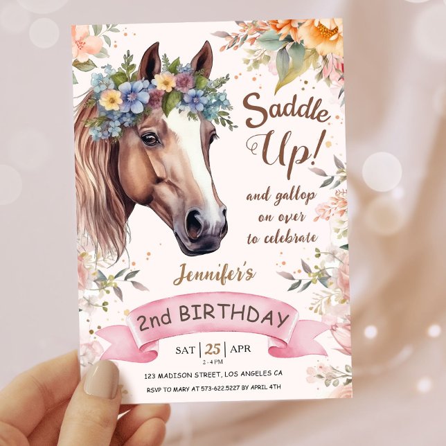 Girls Horse 2nd Birthday Pink Floral Saddle Up   Invitation (Creator Uploaded)