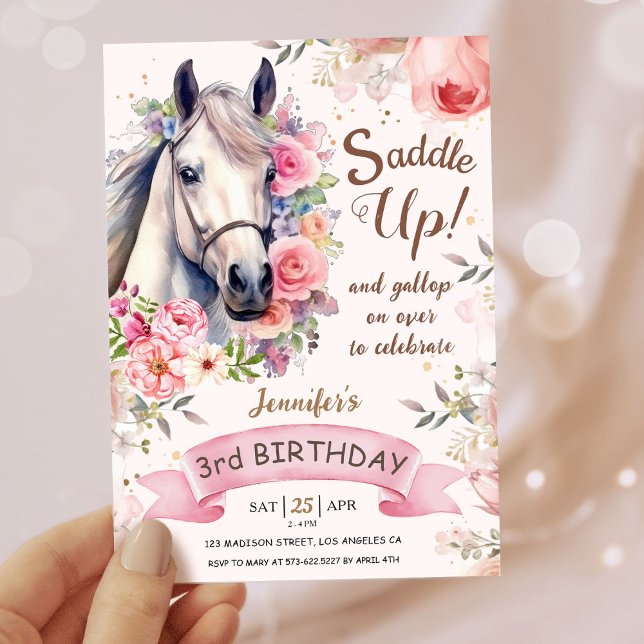 Girls Horse 3rd Birthday Bloom Flowers Saddle Up! Invitation (Creator Uploaded)