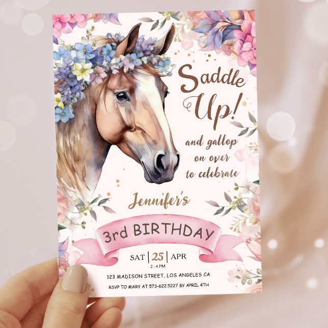Girls Horse 3rd Birthday Floral Saddle Up!  Invitation (Creator Uploaded)
