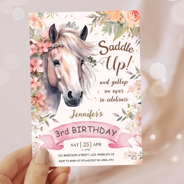 Girls Horse 3rd Birthday Floral Wild Saddle Up Invitation (Creator Uploaded)