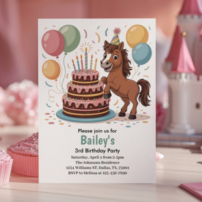 Girls Horse 3rd Birthday Party Invitation (Creator Uploaded)