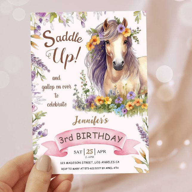 Girls Horse 3rd Birthday Purple Floral Saddle Up Invitation (Creator Uploaded)