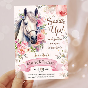Girls Horse 4th Birthday Bloom Flowers Saddle Up! Invitation