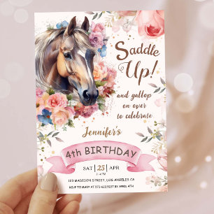 Girls Horse 4th Birthday Cowgirl Saddle Up!   Invitation