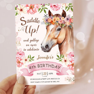 Girls Horse 4th Birthday Floral Saddle Up! Invitation