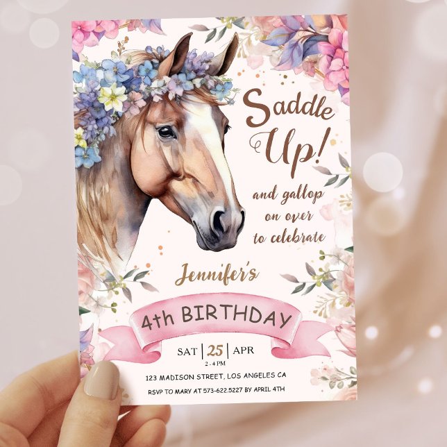 Girls Horse 4th Birthday Floral Saddle Up!  Invitation (Creator Uploaded)